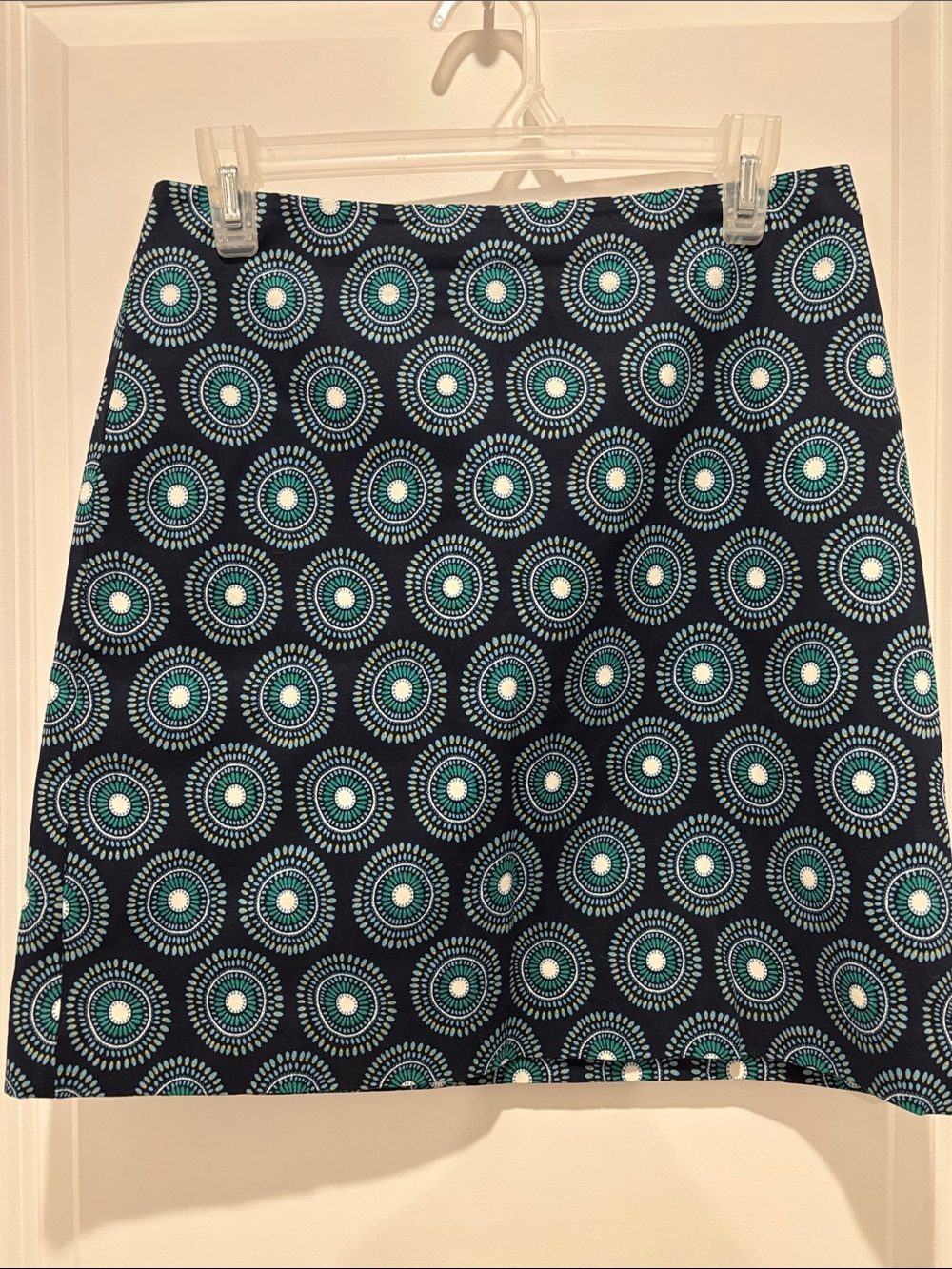 Ann Taylor Navy Mini Skirt with Teal Circular Print